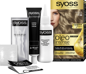 Syoss Oleo Intense 7-10 Chłodny Beżowy Blond – zestaw farby do włosów z butelką, tubką i pudełkiem, od przodu.