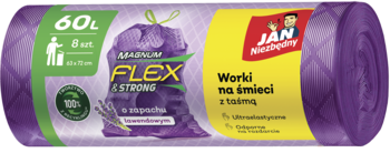 Fioletowe worki na śmieci Jan Niezbędny 60L z taśmą, 8 szt., o zapachu lawendy, widok z przodu.