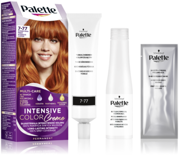 Opakowanie Palette Intensive Color Creme 7-77 Intensywna Miedź, obok tuba, butelka i saszetka produktu.