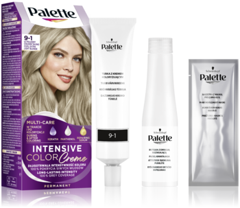 Farba Schwarzkopf Palette 9-1 Ultrajasny Chłodny Blond, zestaw: pudełko, tubka kremu, butelka, saszetka.