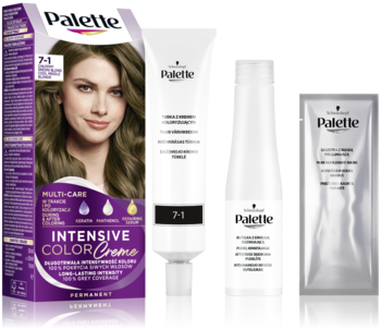 Zestaw do włosów Palette Intensive Color Creme 7-1: fioletowe pudełko z modelką, tubka, butelka, saszetka.