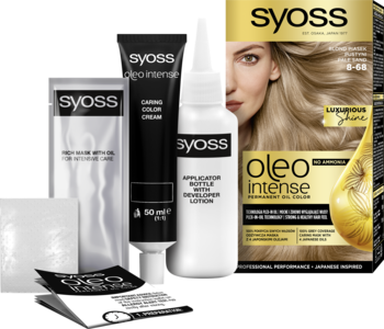 Komplet farby Syoss Oleo Intense 8-68 Blond Piasek Pustyni: pudełko, tubka, butelka z aplikatorem.