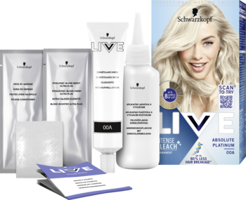 Zestaw Schwarzkopf LIVE Intense Bleach 00A Absolute Platinum rozjaśniacz, z opakowaniem z modelką i komponentami.