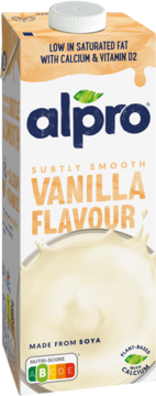 Alpro waniliowy napój sojowy w białym kartonie, przód, z napisem o niskiej zawartości tłuszczu i Nutri-Score A.