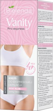 Bielenda Vanity Pro Express Pink Aloe krem do depilacji, skóra wrażlliwa, 4 min. Różowo-szare opakowanie z torssem kobiety, widok z przodu.