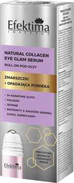 Efektima Natural Collagen Eye Glam Serum roll-on na zmarszczki, srebrno-purpurowe pudełko, widok z przodu.