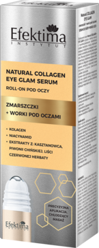 Efektima Eye Glam Serum, roll-on na zmarszczki i worki, srebrne pudełko z beżowym panelem, widok pod kątem.