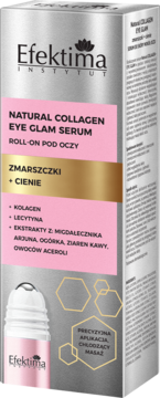 Srebrne pudełko Efektima Natural Collagen Eye Glam Serum Roll-on pod oczy, widok z przodu, na zmarszczki.