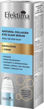 Efektima Natural Collagen Eye Glam Serum Roll-On, srebrne pudełko z niebieskimi i złotymi paskami, widok z przodu.
