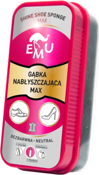 Różowa gąbka nabłyszczająca EMU MAX do butów, widok z przodu z lekko widocznym bokiem, z grafiką emu.