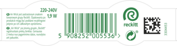Etykieta Air Wick, tył opakowania z kodem kreskowym, QR, logo Reckitt, 220-240V i 1.9W, biało-zielona.