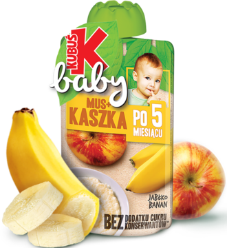 Opakowanie Kubuś Baby Mus+Kaszka jabłko-banan, kaszka ryżowa dla niemowląt po 5. miesiącu, z owocami.