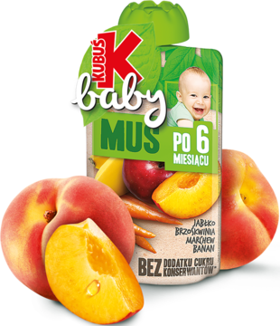 Zielona saszetka musu Kubuś baby (po 6m) jabłko, brzoskwinia, marchew, banan, otoczona owocami, bez cukru.