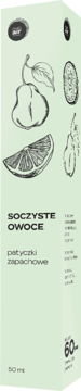 Zielone pudełko patyczków zapachowych Muliair Soczyste Owoce 50ml, z rysunkami gruszki i cytryny.