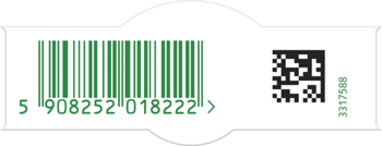 Etykieta Air Wick: zielony kod kreskowy EAN 5908252018222, czarny QR kod i numer 33179588 na białym tle. Widok etykiety.