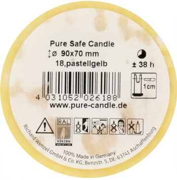 Etykieta świecy Pure Safe Candle pastelowej, 90x70 mm, z danymi i czasem palenia 38h. Widok z góry.