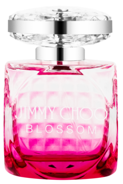 Jimmy Choo Blossom damska woda perfumowana, różowa butelka z fasetowanym szkłem i kryształową nakrętką.