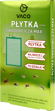 Zielone opakowanie Vaco Płytka Owadobójcza Max, z ilustracją płytki i owadów, widok z przodu.