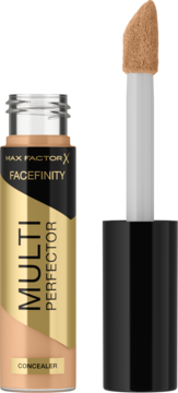 Max Factor Facefinity Multi-Perfector, płynny korektor rozświetlający w beżowej butelce, otwarty z aplikatorem jumbo.