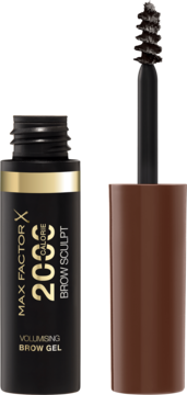 Max Factor 2000 Calorie Brow Sculpt Volumising Brow Gel, otwarty, czarny ze złotym paskiem i brązową szczoteczką.