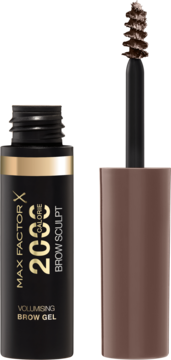 Max Factor 2000 Calorie Brow Sculpt, brązowy żel do brwi w czarnej butelce, ze spiralną szczoteczką, widok z przodu.
