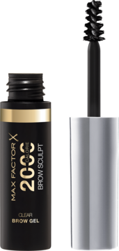 Max Factor 2000 Calorie Brow Sculpt Clear Brow Gel w czarnym flakonie ze złotym paskiem i otwartym pędzelkiem.