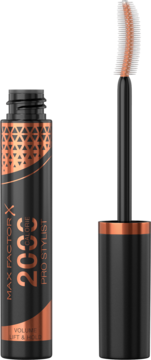 Max Factor 2000 Calorie Pro Stylist mascara, czarna tuba z miedzianym wzorem, obok otwarta z pomarańczową silikonową szczoteczką.