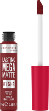 Rimmel Lasting Mega Matte płynna pomadka, ciemnoczerwona butelka z otwartym aplikatorem obok.