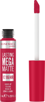 Rimmel Lasting Mega Matte. Otwarta czerwono-różowa buteleczka płynnej pomadki z aplikatorem obok, widok z przodu.