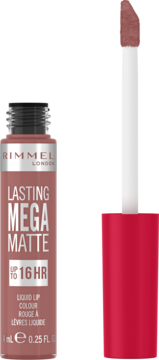 Rimmel London Lasting Mega Matte pomadka w płynie w odcieniu nude, otwarta butelka z wyciągniętym aplikatorem.
