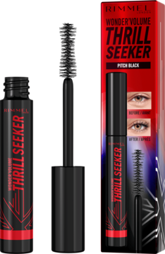 Rimmel Wonder'Volume Thrill Seeker Pitch Black: otwarty tusz z widoczną szczoteczką, zamknięty i w pudełku.