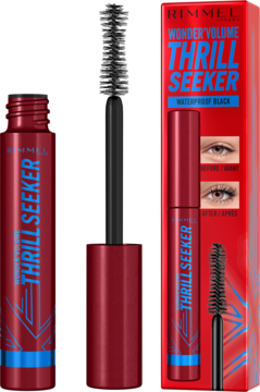 Mascara Rimmel Wonder'Volume Thrill Seeker Waterproof Black, czerwona tuba z wysuniętą szczoteczką i kartonik.