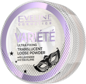 Eveline Variété Ultra Fixing Translucent Loose Powder, okrągły słoik z fioletową etykietą, widok z góry.