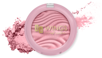 Róż do policzków Blush & Go 02 Light Pink w okrągłym kompakcie, z falistym wzorem, otoczony rozsypanym pudrem.