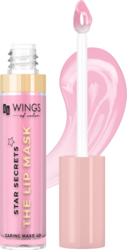 Różowa maska do ust Wings of Color Star Secrets, butelka z aplikatorem i smuga produktu.