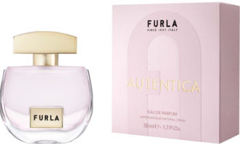 Furla Autentica EDP, różowa, zaokrąglona butelka z matowego szkła i złotym korkiem, obok różowe pudełko.