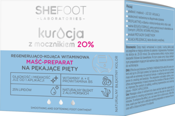 Shefoot kuracja z mocznikiem 20% maść na pękające pięty, niebieskie opakowanie, widok z przodu.