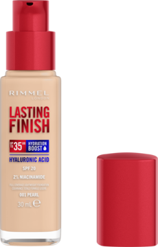 Rimmel Lasting Finish podkład 001 Pearl, z kwasem hialuronowym, w beżowej butelce z czerwoną nakrętką obok.