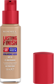 Rimmel Lasting Finish podkład True Ivory. Beżowa butelka z czerwoną pompką, widok z przodu. Zawiera kwas hialuronowy i SPF 20.