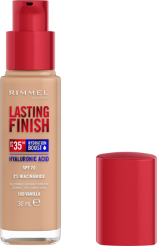 Rimmel Lasting Finish podkład z Hyaluronic Acid, beżowa butelka, czerwony dozownik, nakrętka obok, widok z przodu.