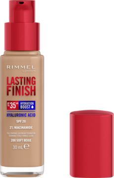 Rimmel Lasting Finish podkład z kwasem hialuronowym SPF 20, beżowa butelka z czerwoną pompką i zakrętką.