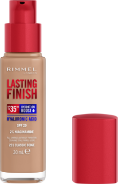 Rimmel Lasting Finish foundation w beżowym szklanym flakonie z czerwoną pompką, widok z przodu, obok czerwona zakrętka.