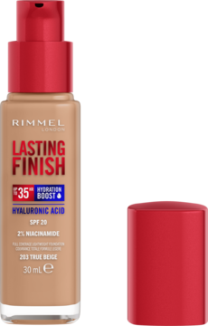 Podkład Rimmel Lasting Finish True Beige w szklanej butelce z czerwoną pompką i oddzieloną zakrętką, widok z przodu.
