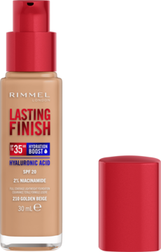Rimmel Lasting Finish podkład z kwasem hialuronowym, beżowa butelka z czerwoną pompką, obok odkręcona zakrętka.