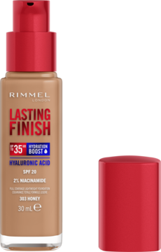 Rimmel Lasting Finish 303 Honey, beżowy podkład z SPF 20, butelka z czerwoną pompką, obok odkręcona zakrętka.