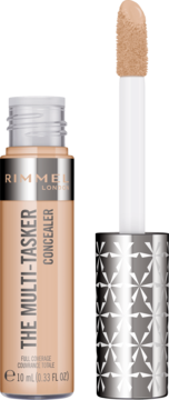 Rimmel The Multi-Tasker Concealer w przezroczystej tubce z beżowym płynem, wyciągniętym aplikatorem i wzorzystą nakrętką.