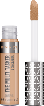 Rimmel London Multi-Tasker Concealer, jasnobrązowy, w butelce, z wyjętym aplikatorem na tle odcienia.