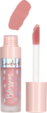 Płynny róż Lovely Blossom #2, jasnoróżowy, w matowej butelce z holografią, aplikator i swatch.