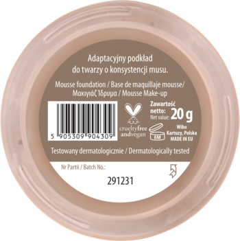Tylna etykieta okrągłego beżowego podkładu NAM Wonder Mousse, z kodem kreskowym, wagą 20g i informacjami.