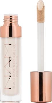 NAM Black Rose & Botox-Like Concealer: otwarta tubka z różowo-złotym akcentem i aplikatorem z beżowym korektorem.